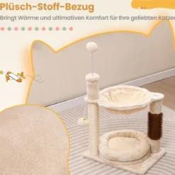 Kratzbaum Klein Katzenbaum mit Hängematte & Bett & Sisalstämmen & Katzenbürste Beige 40 x 30 x 72 cm