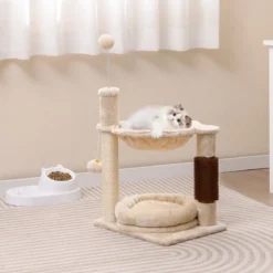 Kratzbaum Klein Katzenbaum mit Hängematte & Bett & Sisalstämmen & Katzenbürste Beige 40 x 30 x 72 cm
