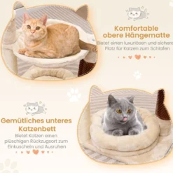 Kratzbaum Klein Katzenbaum mit Hängematte & Bett & Sisalstämmen & Katzenbürste Beige 40 x 30 x 72 cm
