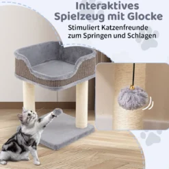 Kratzbaum Klein Katzenbaum mit großem Plüschsitz Katzenkratzbaum Holz Katzen Katzenmöbel Kletterbaum 38 x 38 x 51 cm Grau