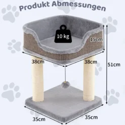 Kratzbaum Klein Katzenbaum mit großem Plüschsitz Katzenkratzbaum Holz Katzen Katzenmöbel Kletterbaum 38 x 38 x 51 cm Grau