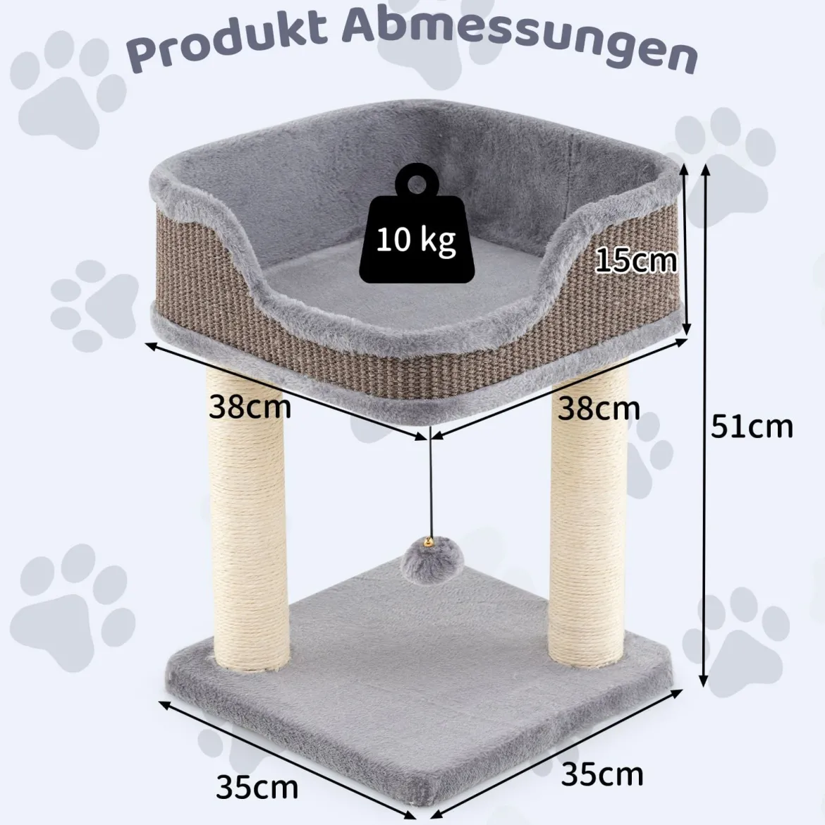Kratzbaum Klein Katzenbaum mit großem Plüschsitz Katzenkratzbaum Holz Katzen Katzenmöbel Kletterbaum 38 x 38 x 51 cm Grau