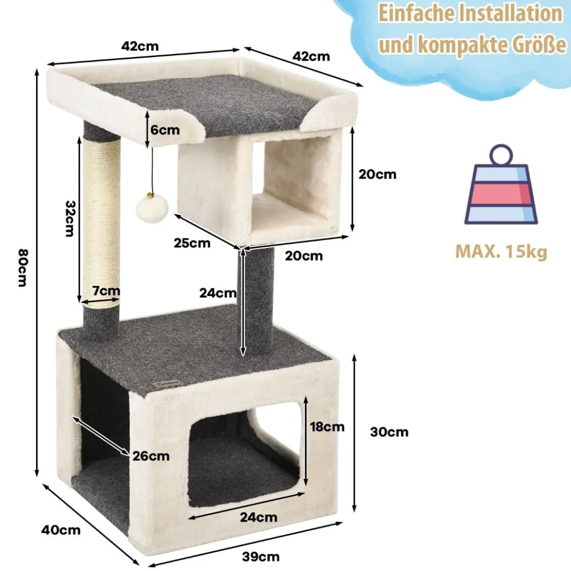 Kratzbaum klein Katzenkratzbaum Holz Katzenbaum stabil Kletterbaum weiß und grau 42x42x80cm