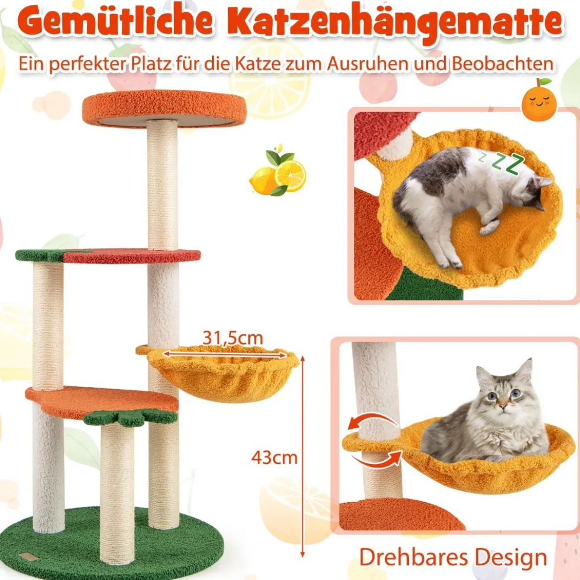 Kratzbaum Klein Niedliches Obstthema 100 cm Katzenbaum mit Drehbarem Korb Sisal-Kratzsäulen