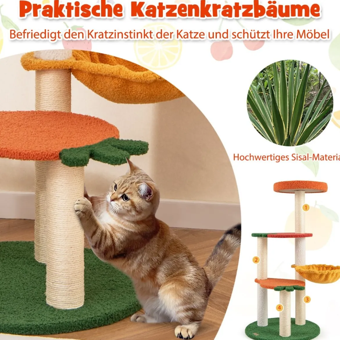 Kratzbaum Klein Niedliches Obstthema 100 cm Katzenbaum mit Drehbarem Korb Sisal-Kratzsäulen