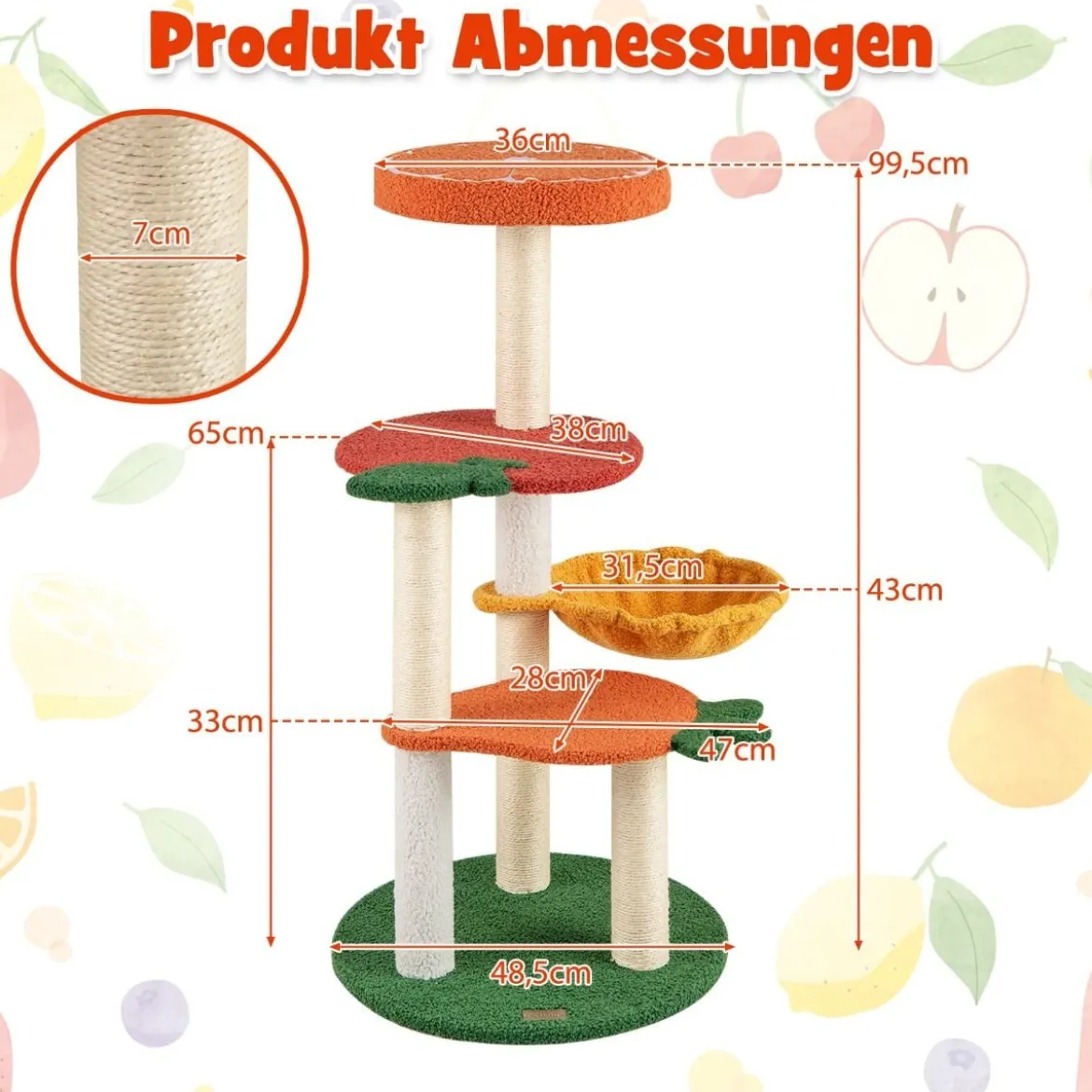 Kratzbaum Klein Niedliches Obstthema 100 cm Katzenbaum mit Drehbarem Korb Sisal-Kratzsäulen