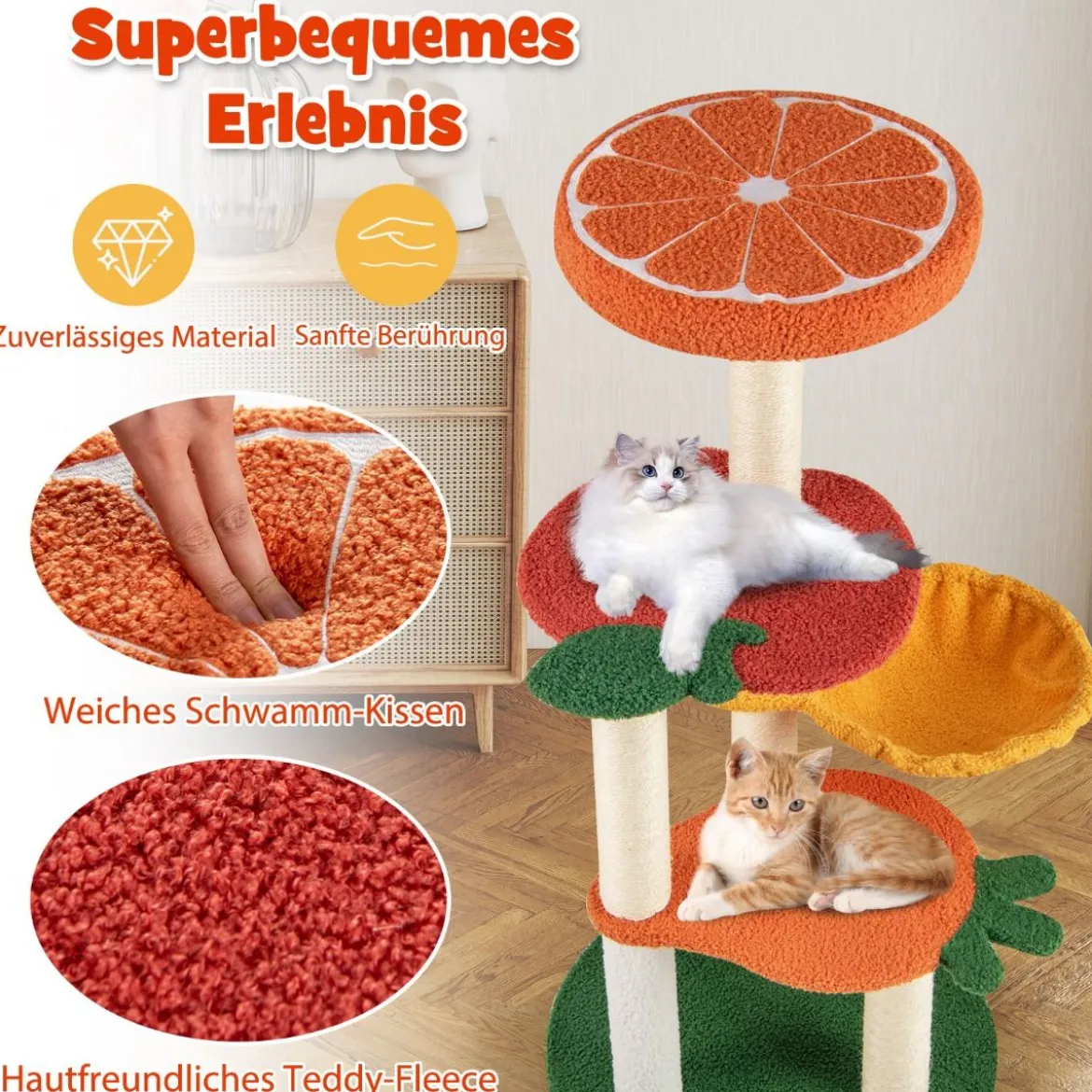 Kratzbaum Klein Niedliches Obstthema 100 cm Katzenbaum mit Drehbarem Korb Sisal-Kratzsäulen