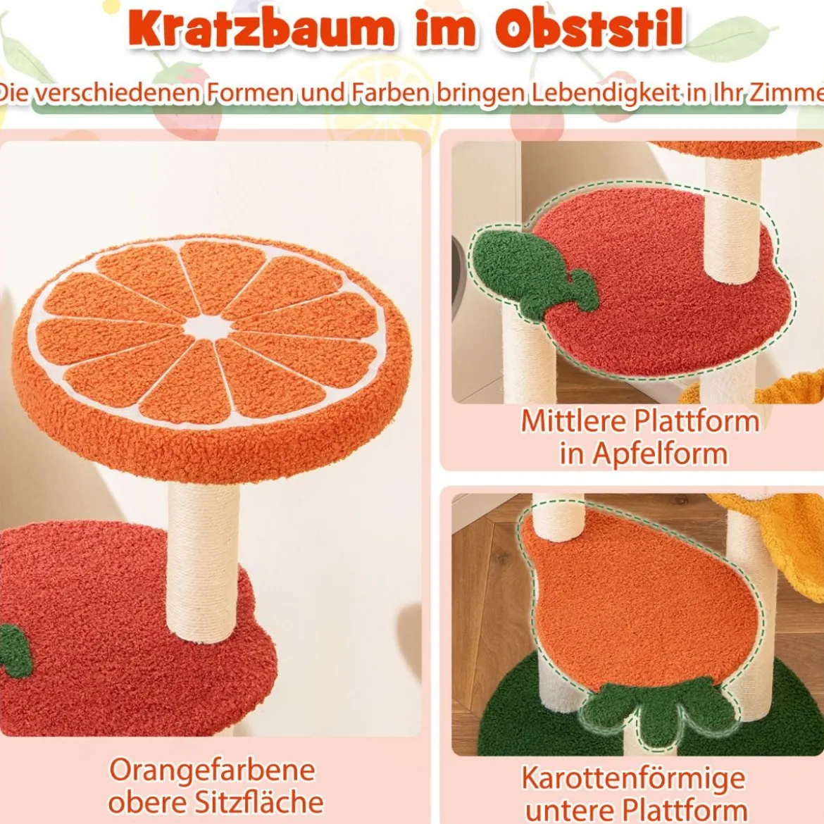 Kratzbaum Klein Niedliches Obstthema 100 cm Katzenbaum mit Drehbarem Korb Sisal-Kratzsäulen