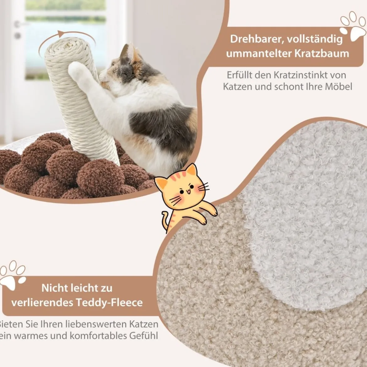 Kratzbaum Kratztonne in Milchteeform mit Sisalpfosten & baumelndem Ballspielzeug Beige