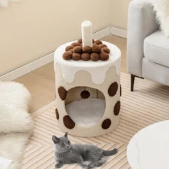 Kratzbaum Kratztonne in Milchteeform mit Sisalpfosten & baumelndem Ballspielzeug Beige