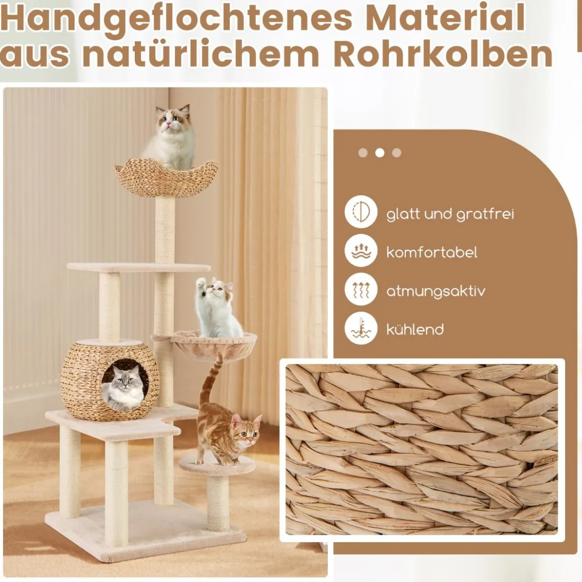 Kratzbaum mit Katzenhöhle 150 cm hoch Katzenbaum mit Hängematte bis 10 kg Beige+Natur