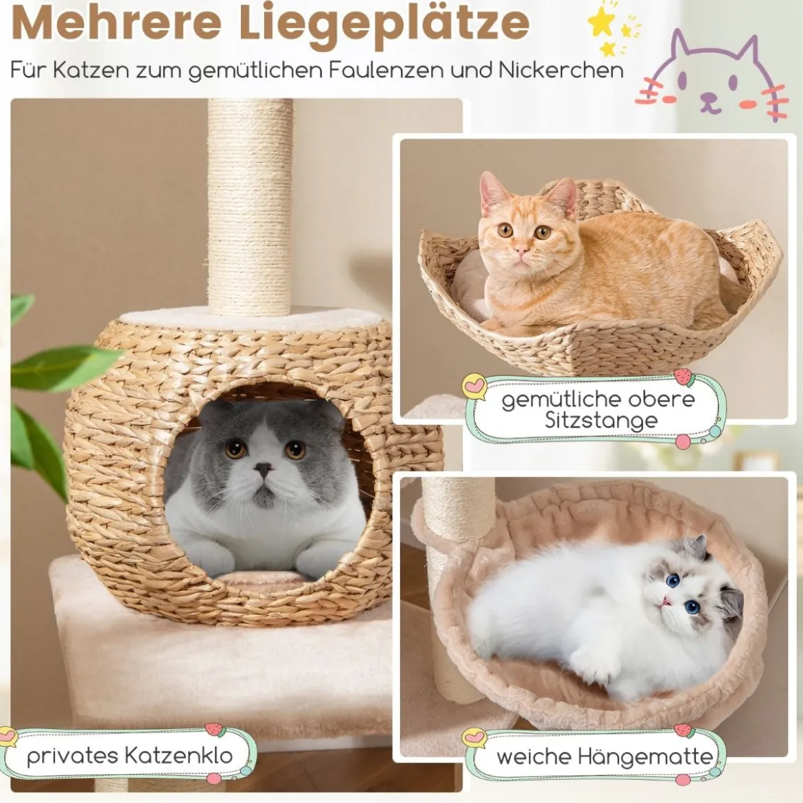 Kratzbaum mit Katzenhöhle 150 cm hoch Katzenbaum mit Hängematte bis 10 kg Beige+Natur