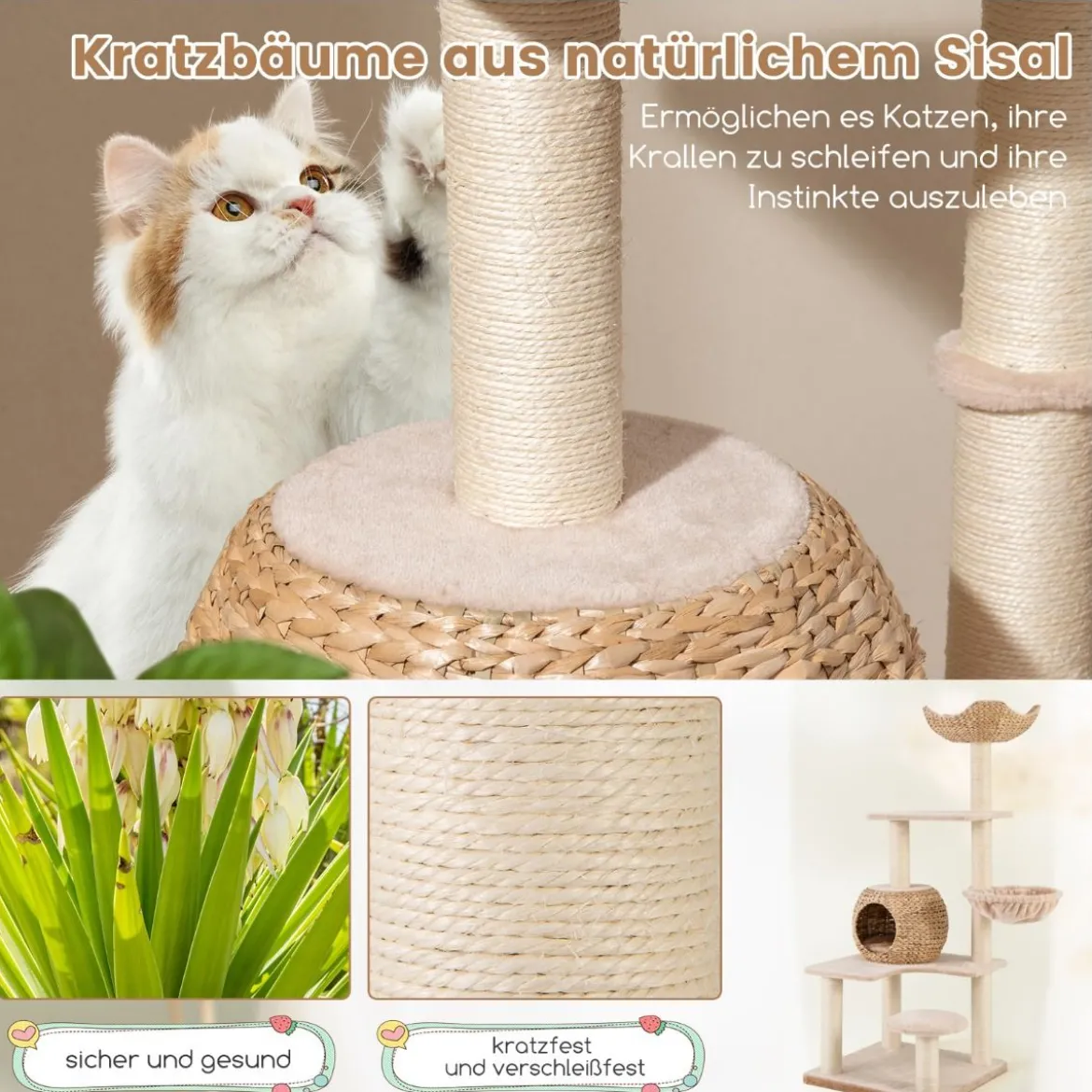 Kratzbaum mit Katzenhöhle 150 cm hoch Katzenbaum mit Hängematte bis 10 kg Beige+Natur