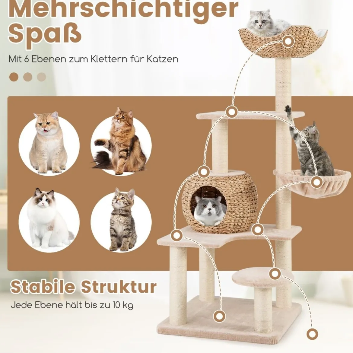 Kratzbaum mit Katzenhöhle 150 cm hoch Katzenbaum mit Hängematte bis 10 kg Beige+Natur