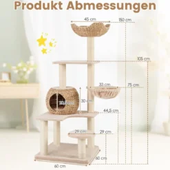 Kratzbaum mit Katzenhöhle 150 cm hoch Katzenbaum mit Hängematte bis 10 kg Beige+Natur