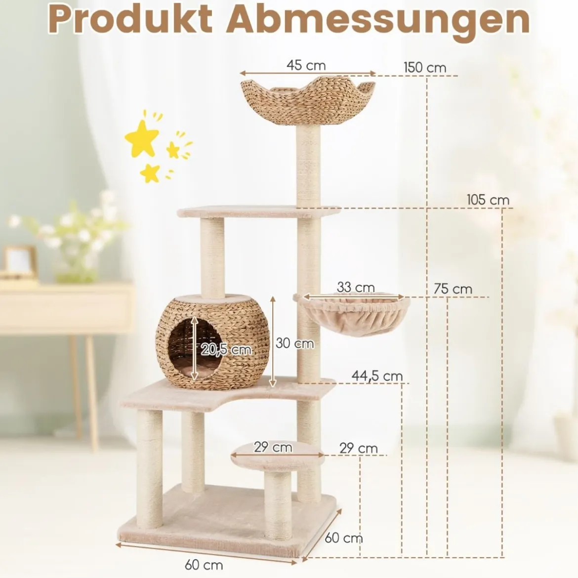 Kratzbaum mit Katzenhöhle 150 cm hoch Katzenbaum mit Hängematte bis 10 kg Beige+Natur