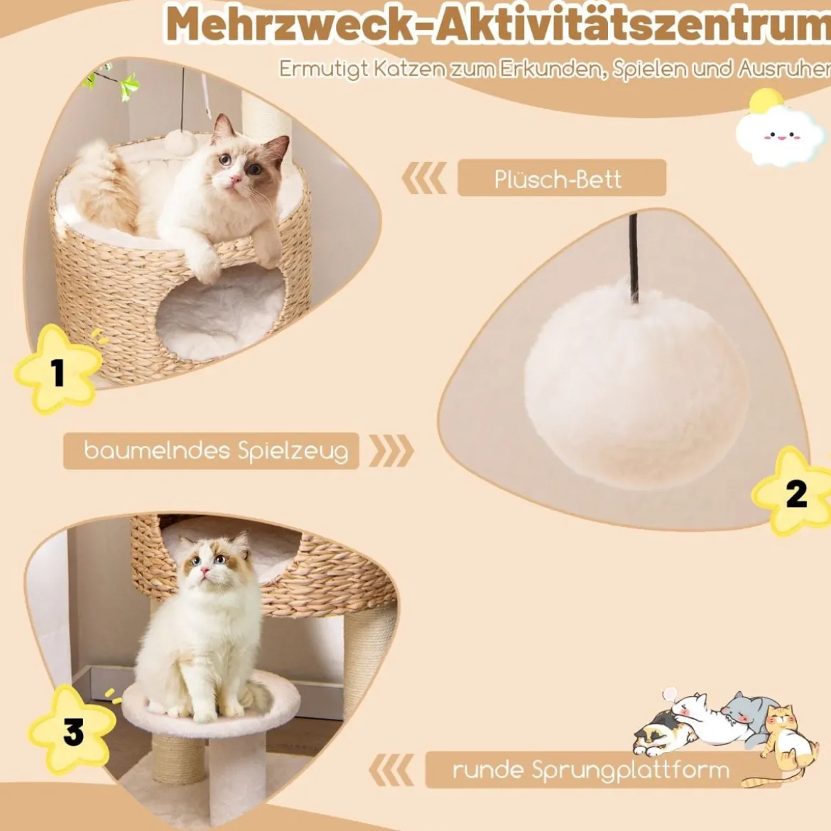 Kratzbaum mit Katzenhöhle 104 cm hoch Katzenbaum mit Sitzstange & Plattform Beige+Natur