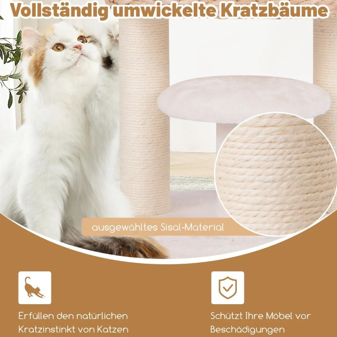 Kratzbaum mit Katzenhöhle 104 cm hoch Katzenbaum mit Sitzstange & Plattform Beige+Natur