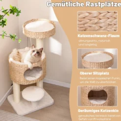 Kratzbaum mit Katzenhöhle 104 cm hoch Katzenbaum mit Sitzstange & Plattform Beige+Natur