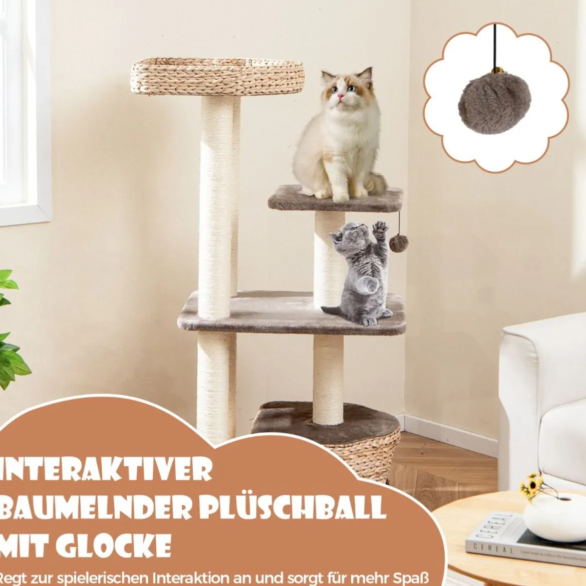 Kratzbaum mit Katzenhöhle & Plattformen & Ball & Sitzstange & Kissen Katzenbaum Kletterbaum