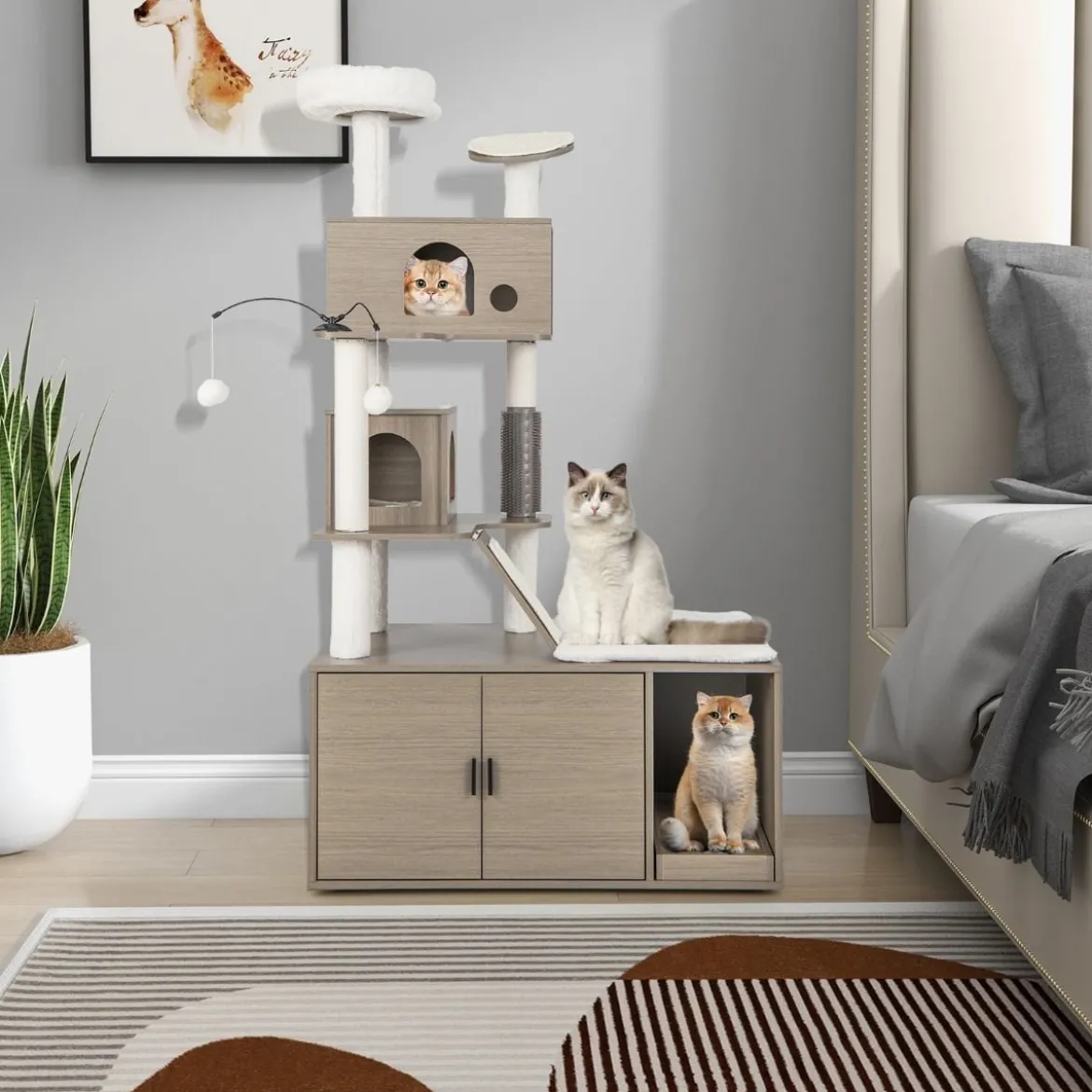 Kratzbaum mit Katzenklo 2-in-1 Katzenbaum mit 2 Häusern 95 x 55,5 x 173 cm Grau