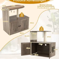 Kratzbaum mit Katzenklo Schrank Katzenschrank für Katzentoilette Katzenbaum 80 x 45 x 87,5 cm Grau