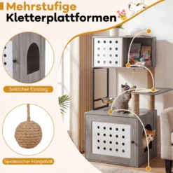 Kratzbaum mit Katzenklo-Schrank 117,5 cm Mehrstöckiger Katzenbaum Katzenkratzbaum mit Futterstation
