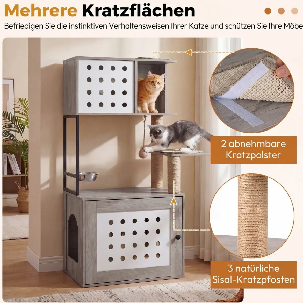 Kratzbaum mit Katzenklo-Schrank 117,5 cm Mehrstöckiger Katzenbaum Katzenkratzbaum mit Futterstation