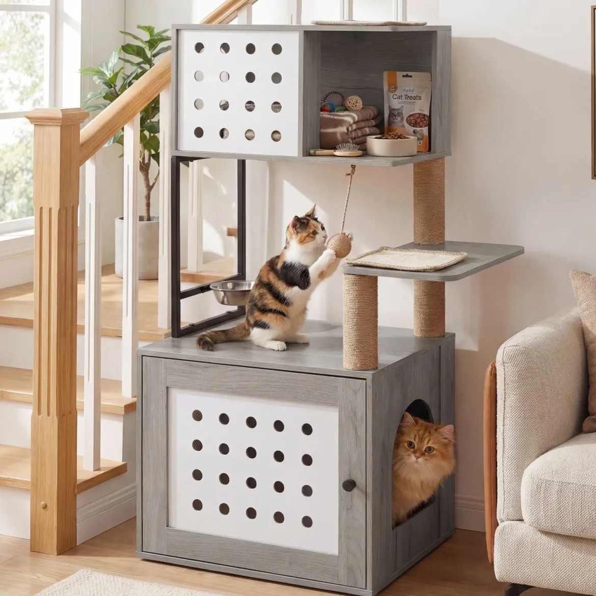 Kratzbaum mit Katzenklo-Schrank 117,5 cm Mehrstöckiger Katzenbaum Katzenkratzbaum mit Futterstation