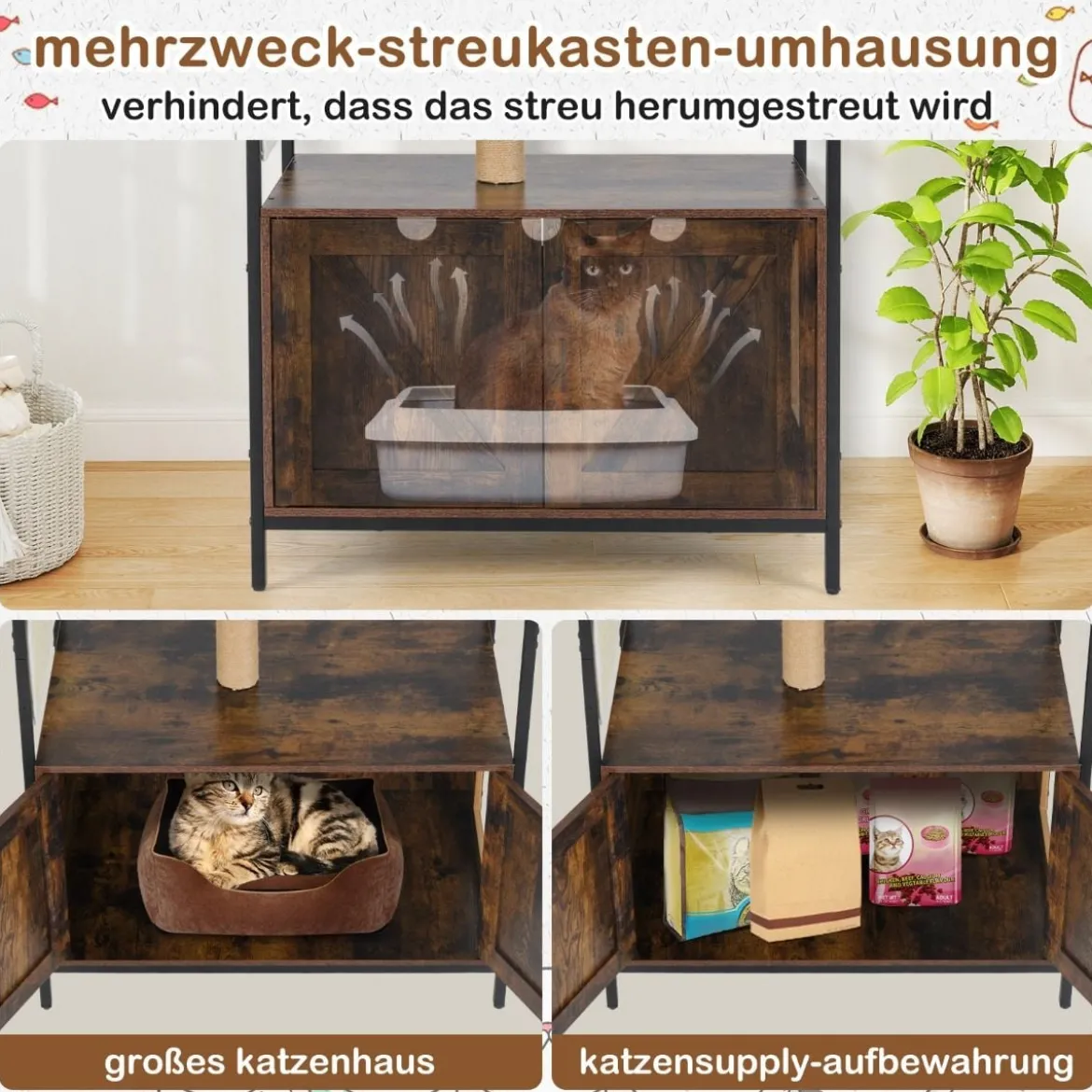 Kratzbaum mit Katzenklo Schrank Katzenschrank für Katzentoilette Katzenbaum mit Katzenhaus Braun