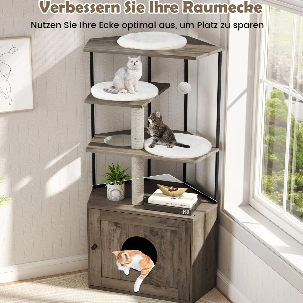 Kratzbaum mit Katzenklo Schrank & Katzenloch & Matten Katzenschrank für Katzentoilette Katzenmöbel