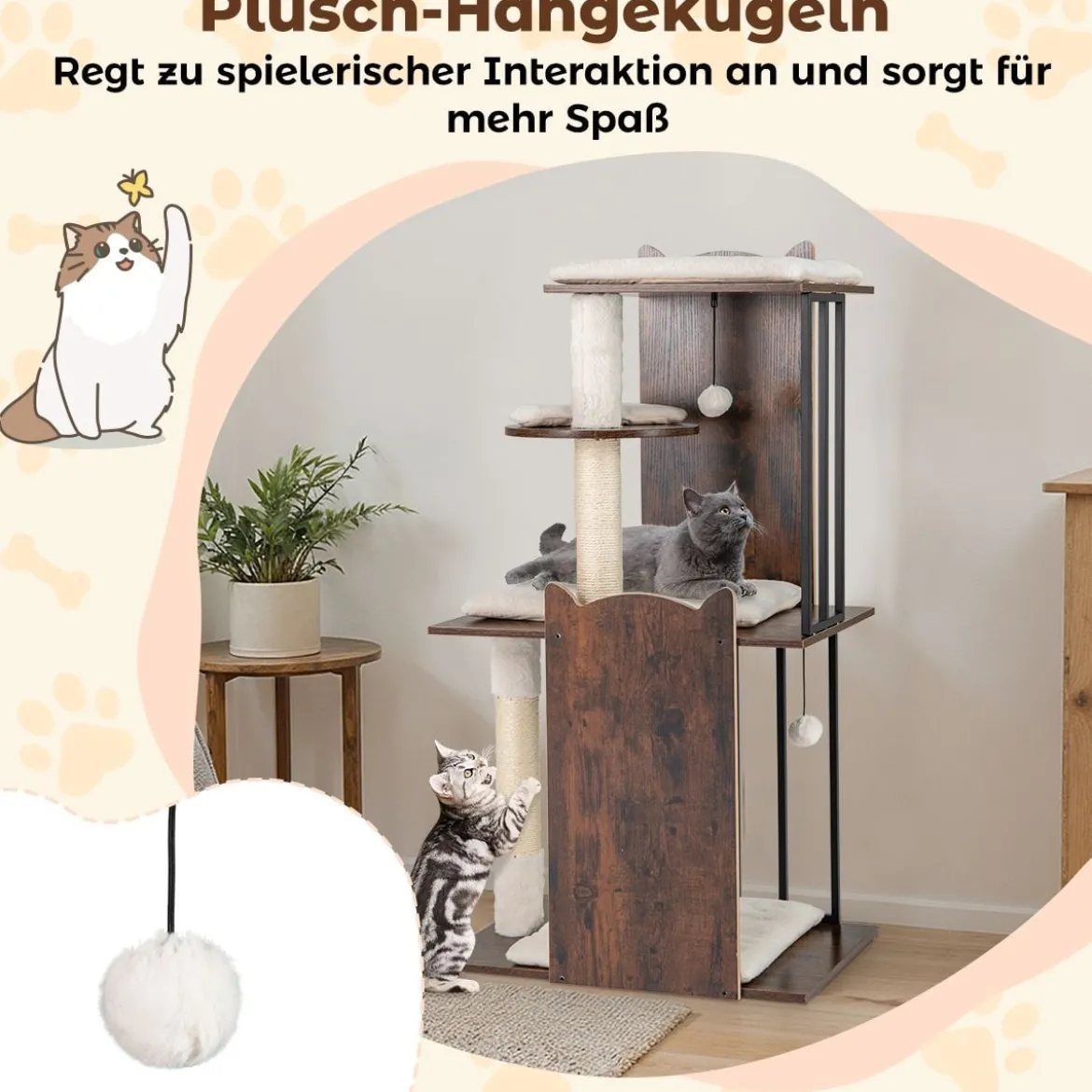 Kratzbaum mit Kratzsäulen & 4 Plattformen & Bällen & Abnehmbaren Kissens Katzenbaum 112 cm