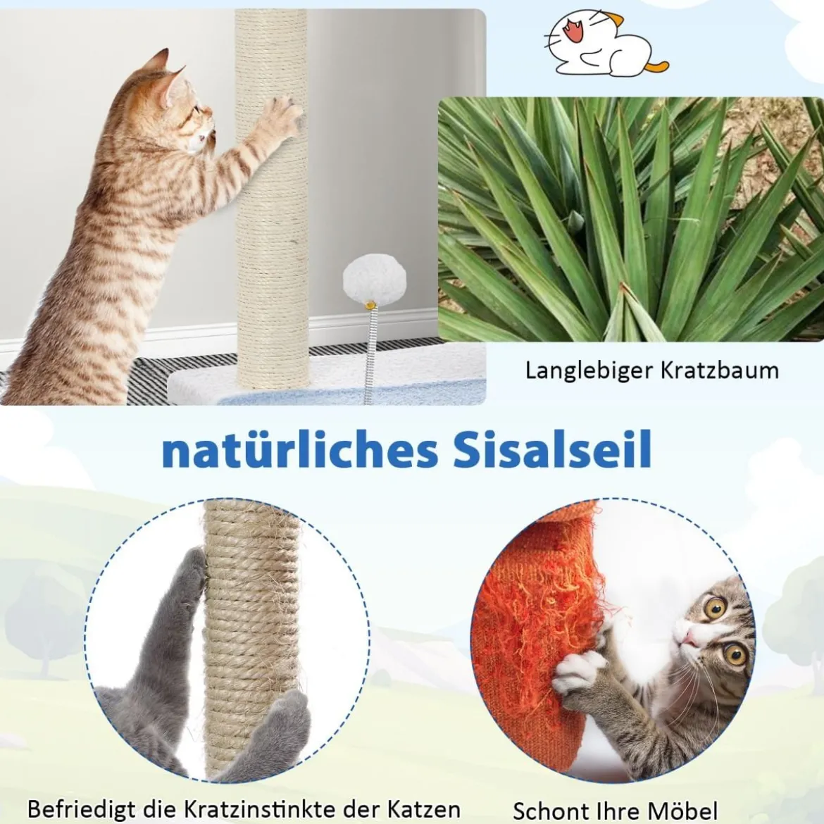 Kratzbaum mit Meeresmotiv 3-stöckiger Katzenturm mit Sisal überzogenen Pfosten Blau 49 x 38 x 86 cm