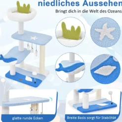 Kratzbaum mit Meeresmotiv 3-stöckiger Katzenturm mit Sisal überzogenen Pfosten Blau 49 x 38 x 86 cm
