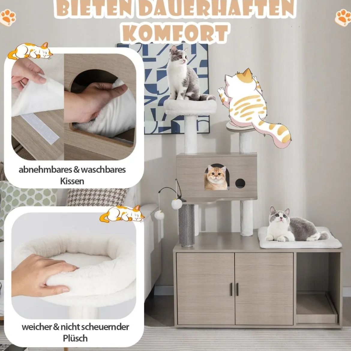 Kratzbaum mit Toilettenschrank moderner 2-in-1-Katzenturm mit Höhle 95 x 55,5 x 132 cm Grau