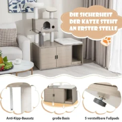 Kratzbaum mit Toilettenschrank moderner 2-in-1-Katzenturm mit Höhle 95 x 55,5 x 132 cm Grau