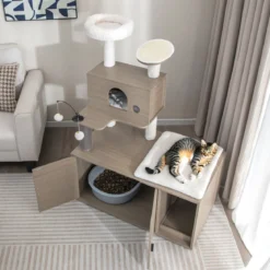 Kratzbaum mit Toilettenschrank moderner 2-in-1-Katzenturm mit Höhle 95 x 55,5 x 132 cm Grau