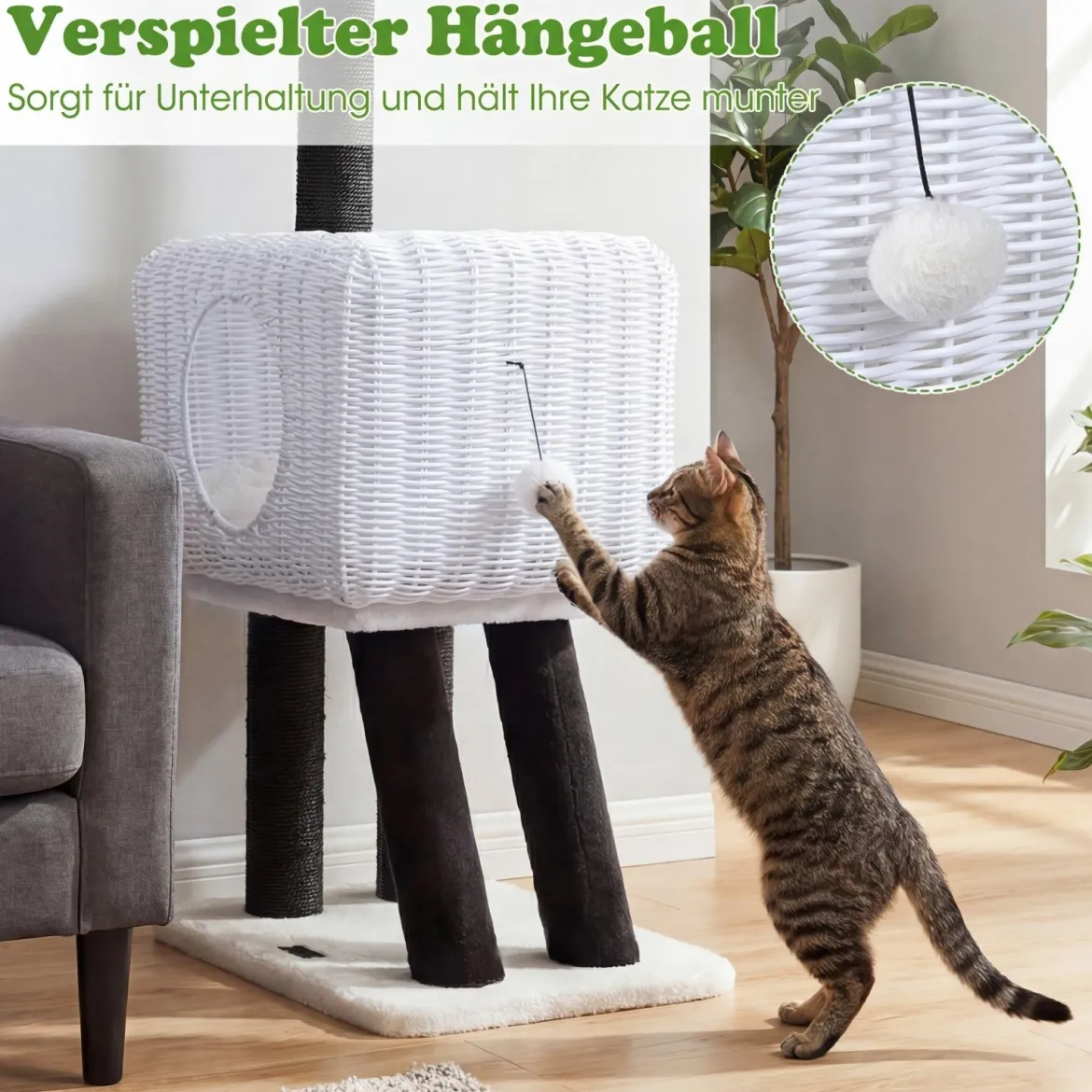 Kratzbaum Rattan 110 cm Katzenturm im Schaf-Design mit Katzenhöhle Sisalstämme & Hängender Spielball