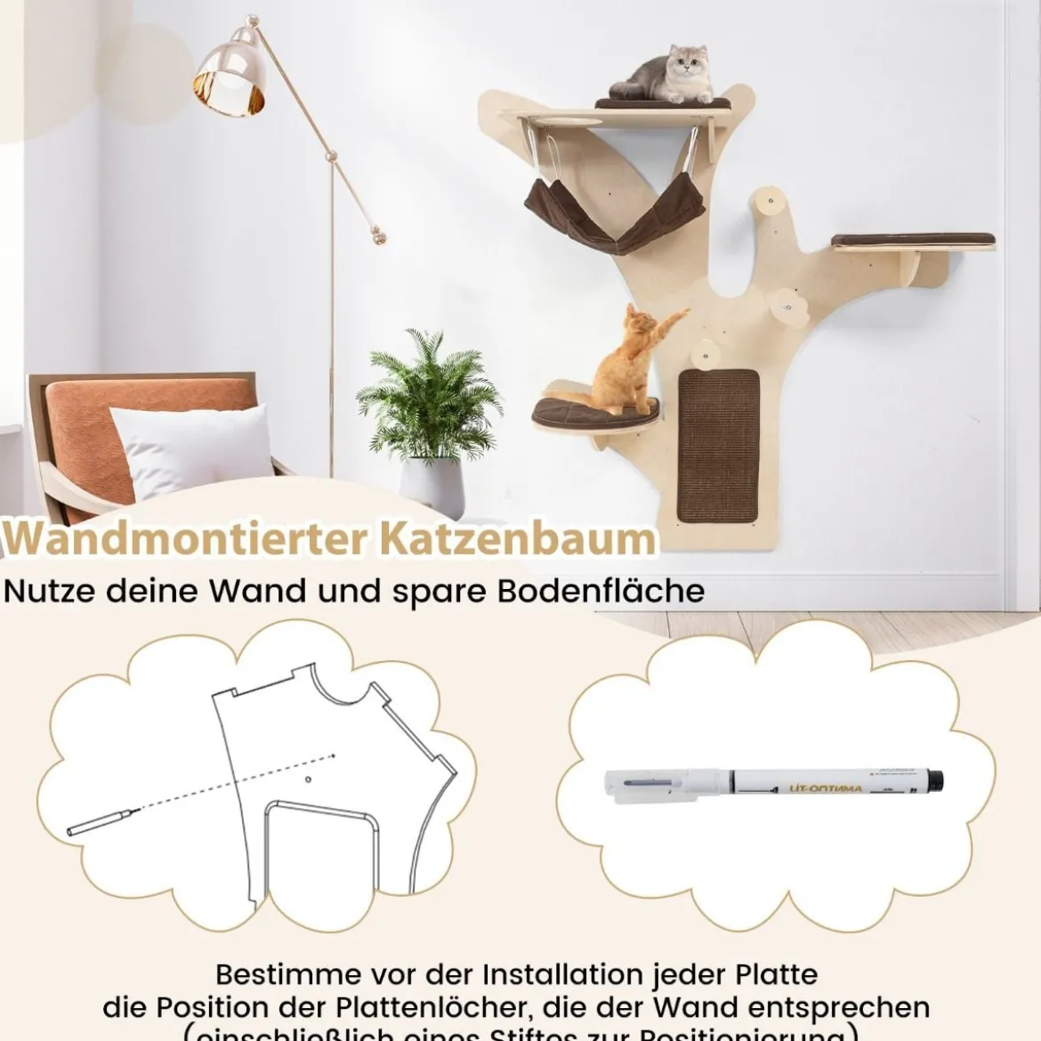 Kratzbaum Wand Katzenwand mit Plattformen Hängematte Kratzpfosten Braun