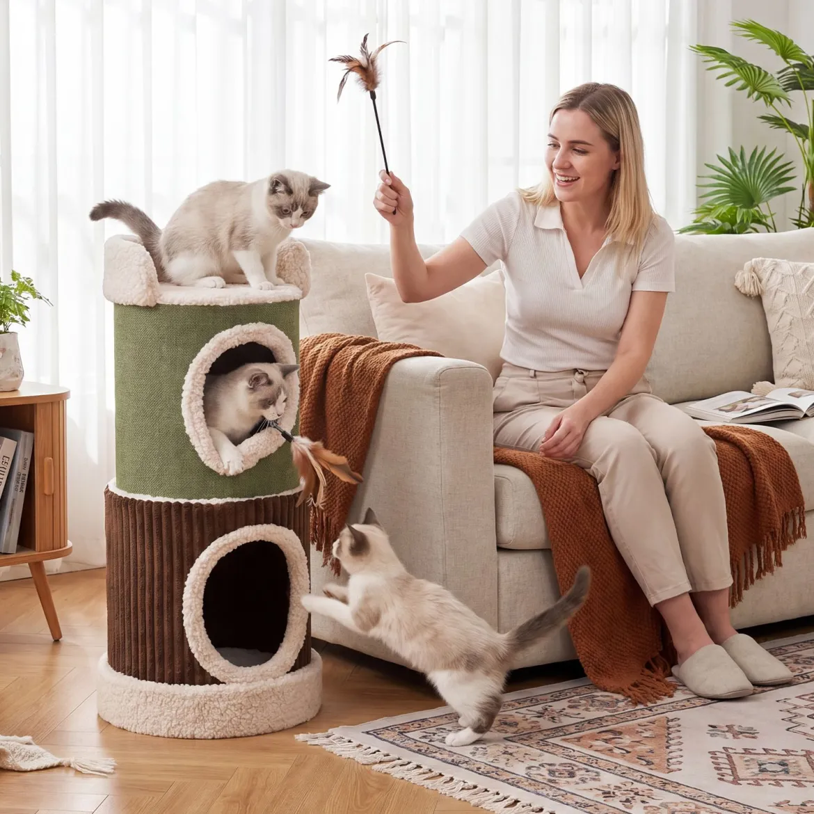 Kratztonne 3 Ebenen Ø 41 cm 85 cm Hoch Katzentonne mit 2 Höhlen Liegefläche & Runder Sockel