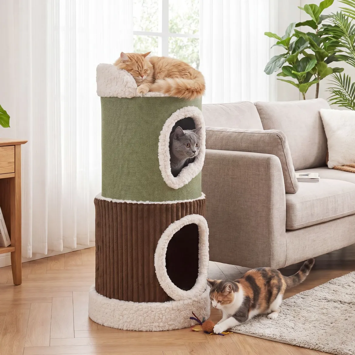 Kratztonne 3 Ebenen Ø 41 cm 85 cm Hoch Katzentonne mit 2 Höhlen Liegefläche & Runder Sockel