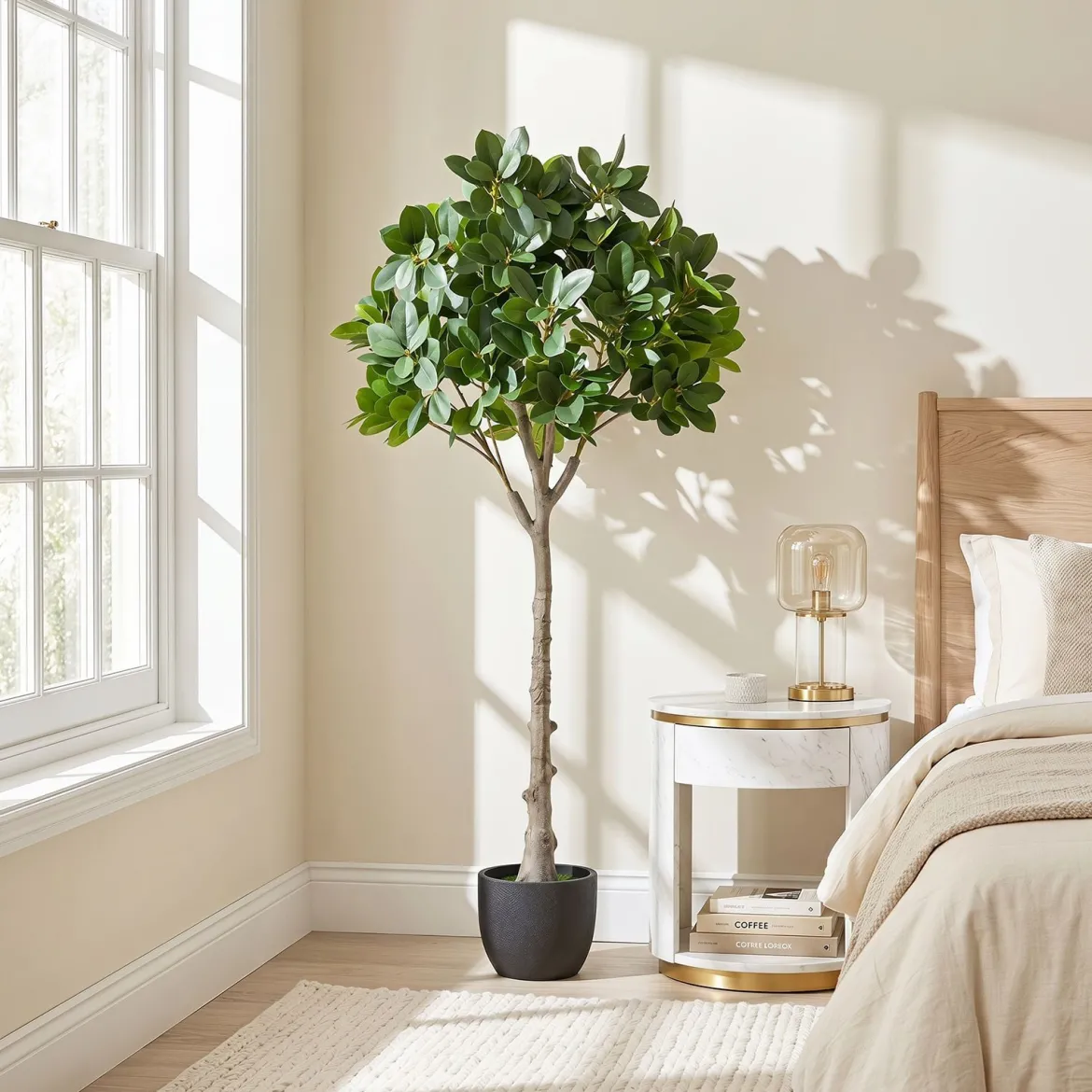Kunstbaum Realistische Kunstpflanze mit 25 Üppige Zweigen & Stabiler Zementtopf 140 cm