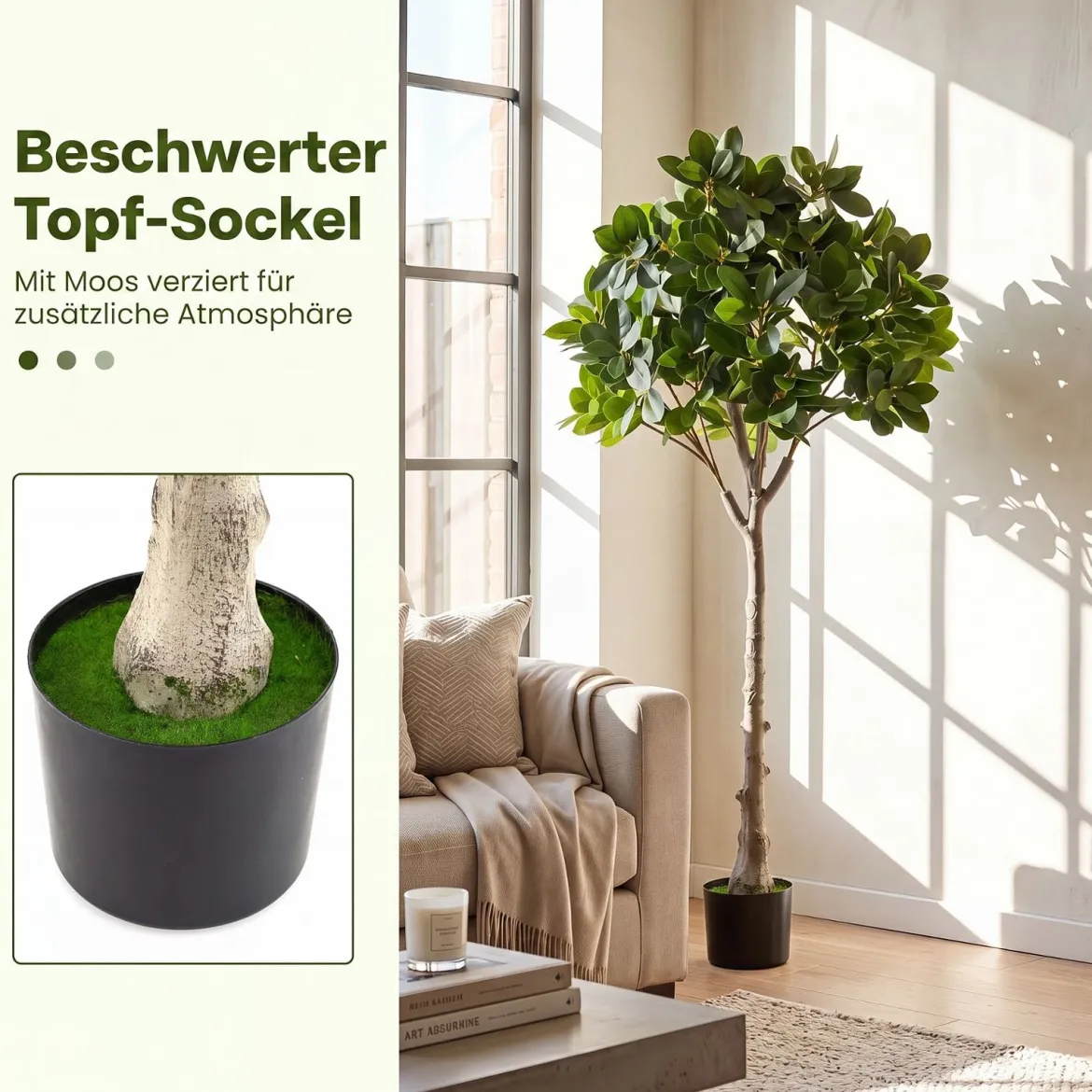 Kunstbaum Realistische Kunstpflanze mit 25 Üppige Zweigen & Stabiler Zementtopf 140 cm
