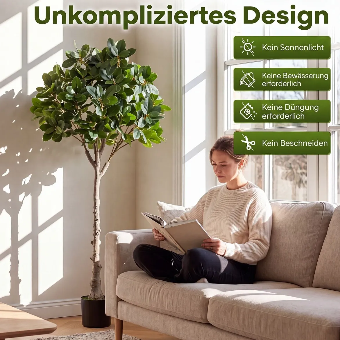 Kunstbaum Realistische Kunstpflanze mit 25 Üppige Zweigen & Stabiler Zementtopf 140 cm