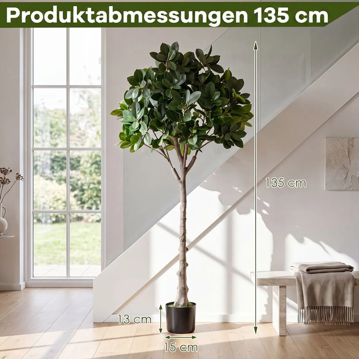 Kunstbaum Realistische Kunstpflanze mit 25 Üppige Zweigen & Stabiler Zementtopf 140 cm
