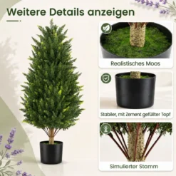 Kunstbaum Zypresse 92 cm Kunstpflanze mit Moos & Zement Gefülltem Topf wetterfest 2 Stücke