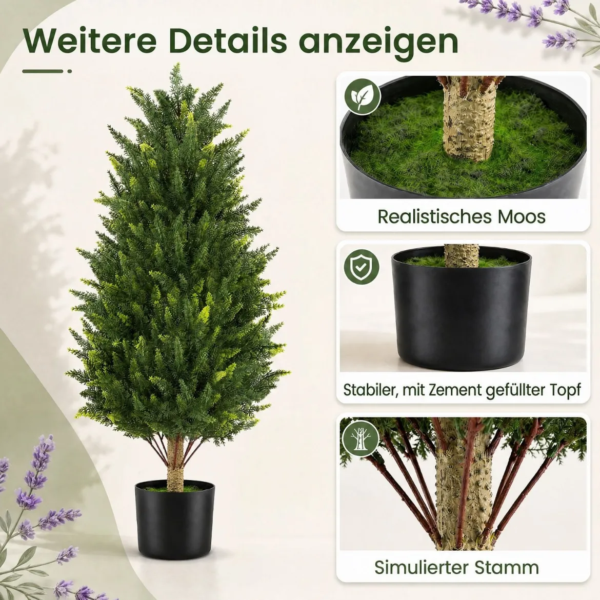 Kunstbaum Zypresse 92 cm Kunstpflanze mit Moos & Zement Gefülltem Topf wetterfest 2 Stücke