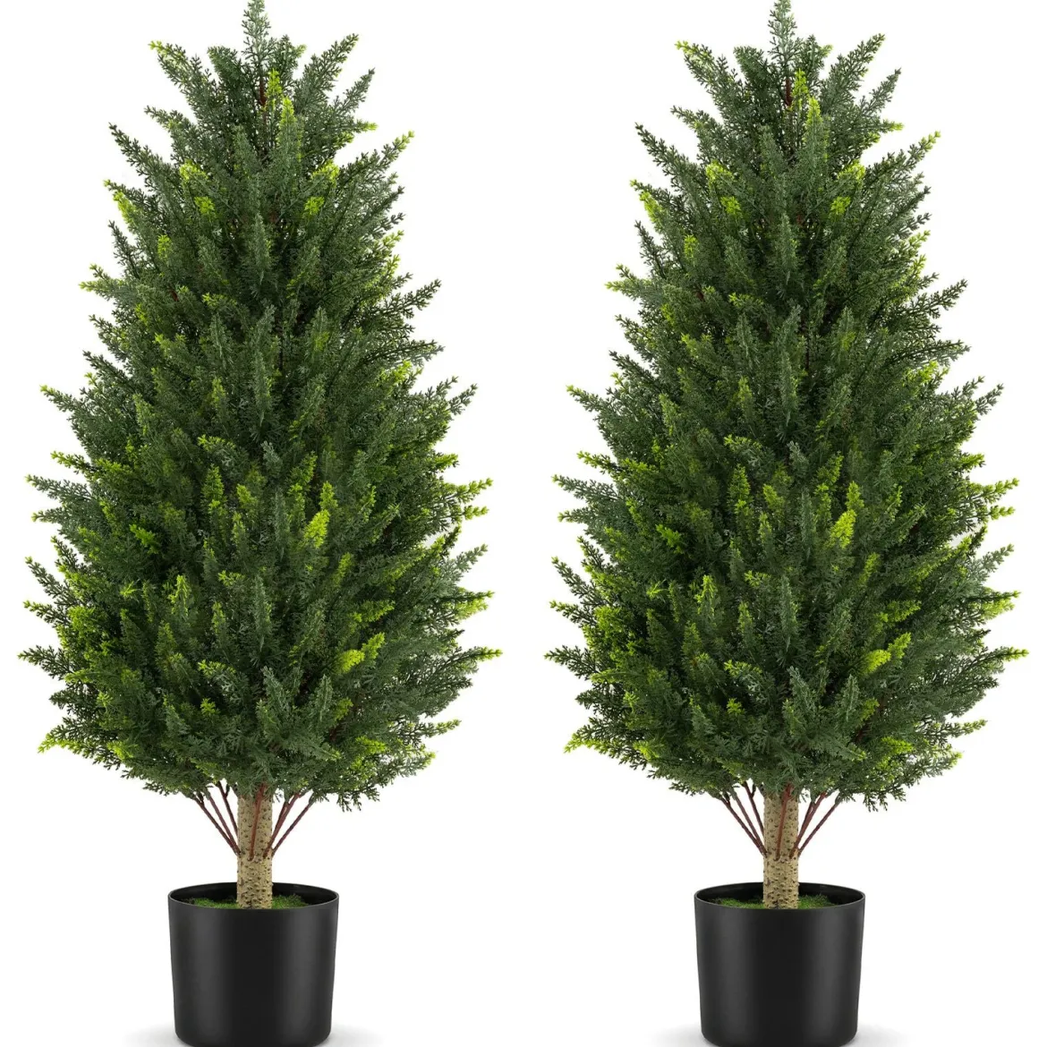 Kunstbaum Zypresse 92 cm Kunstpflanze mit Moos & Zement Gefülltem Topf wetterfest 2 Stücke