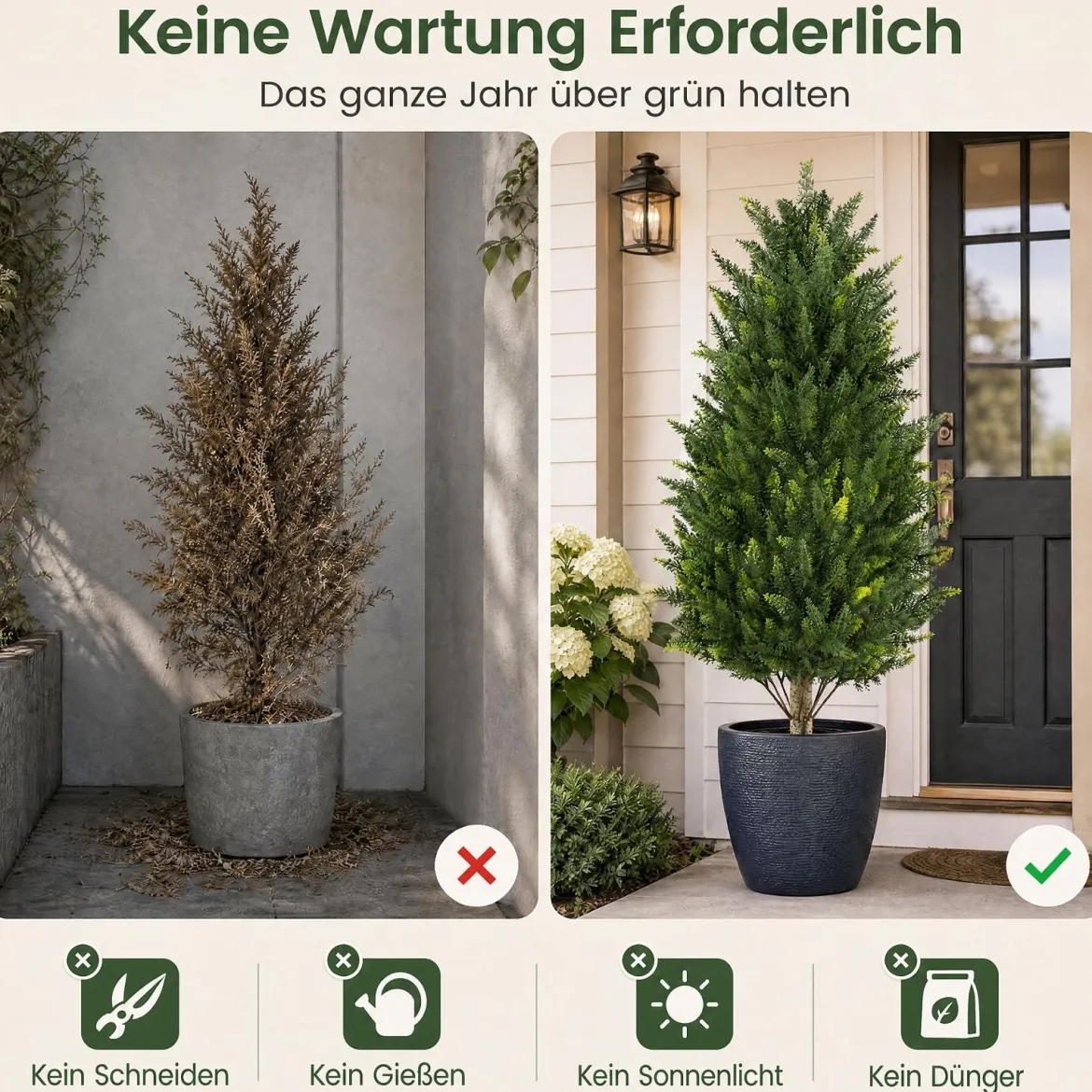Kunstbaum Zypresse 92 cm Kunstpflanze mit Moos & Zement Gefülltem Topf wetterfest 2 Stücke