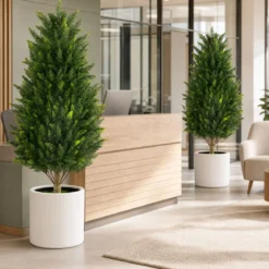 Kunstbaum Zypresse 92 cm Kunstpflanze mit Moos & Zement Gefülltem Topf wetterfest 2 Stücke